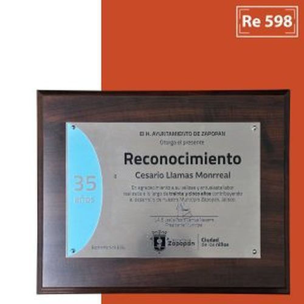 RECONOCIMIENTO TAMAÑO CARTA CON PLACA EN ACERO INOXIDABLE BAJO RELIEVE PINTADO A MANO Y CON CHAPETONES PEQUEÑOS DECORATIVOS imagen